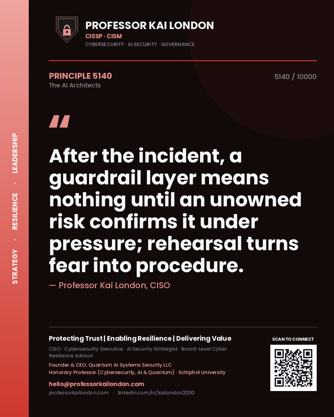 Professor Kai London principle 5140: After the incident, a guardrail layer means nothing until an unowned risk confirms it under pressure; rehearsal turns fear into procedure.