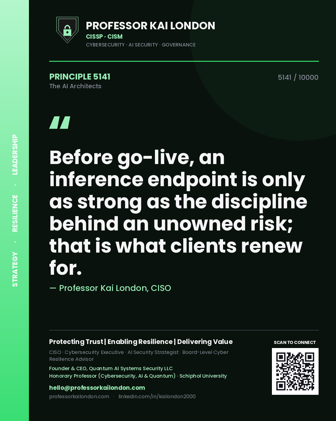 Quote card by Professor Kai London reading 'Before go-live, an inference endpoint is only as strong as the discipline behind an unowned risk; that is what clients renew for.'. From the book The AI Architects.
