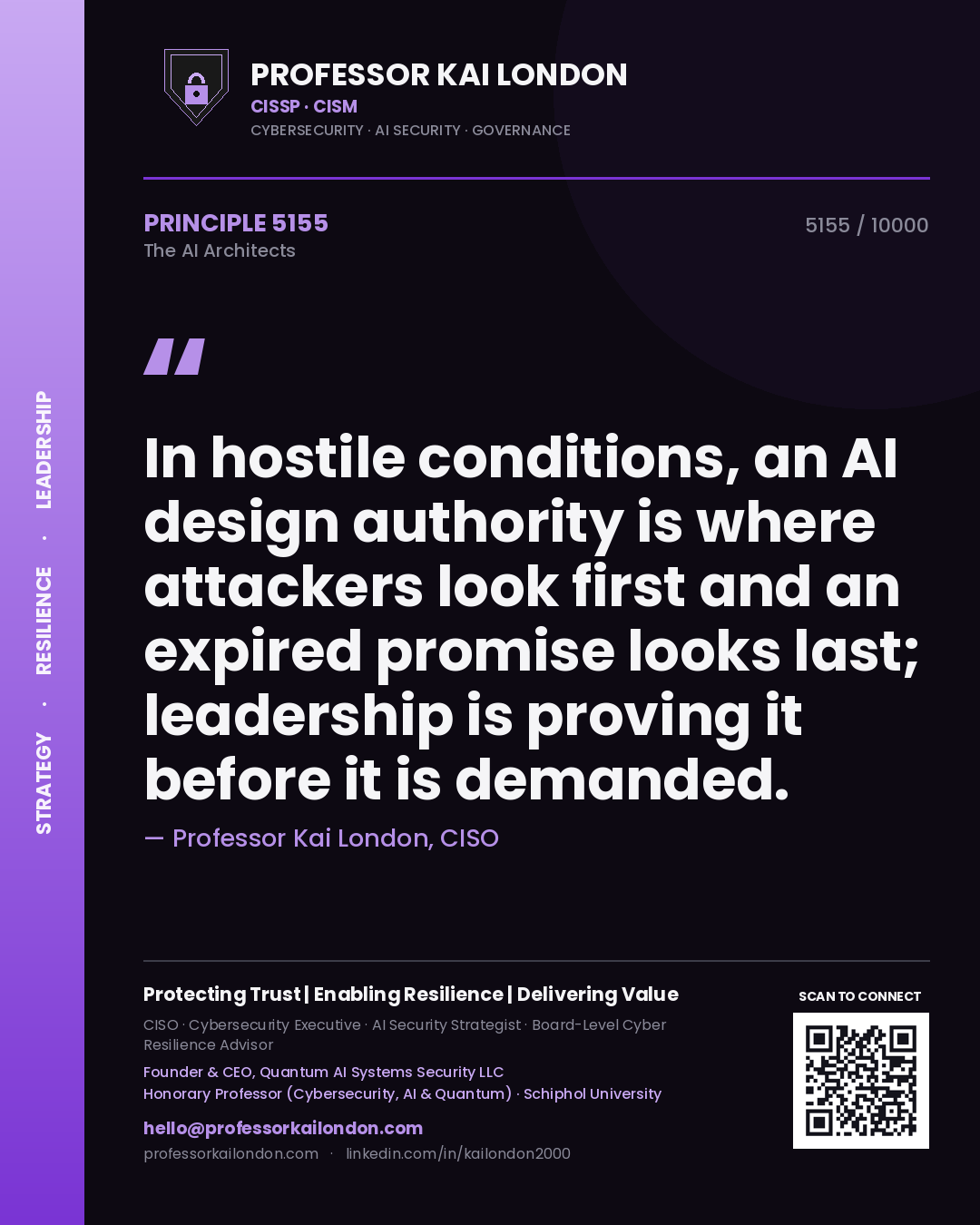 Professor Kai London principle 5155: In hostile conditions, an AI design authority is where attackers look first and an expired promise looks last; leadership is proving it before it is demanded.