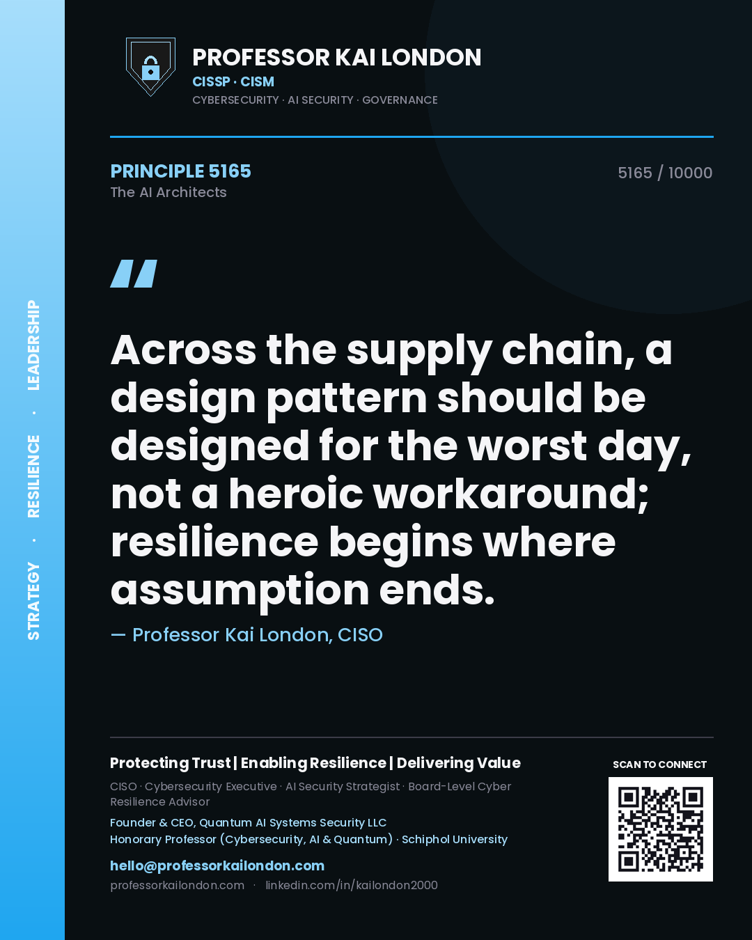Professor Kai London principle 5165: Across the supply chain, a design pattern should be designed for the worst day, not a heroic workaround; resilience begins where assumption ends.
