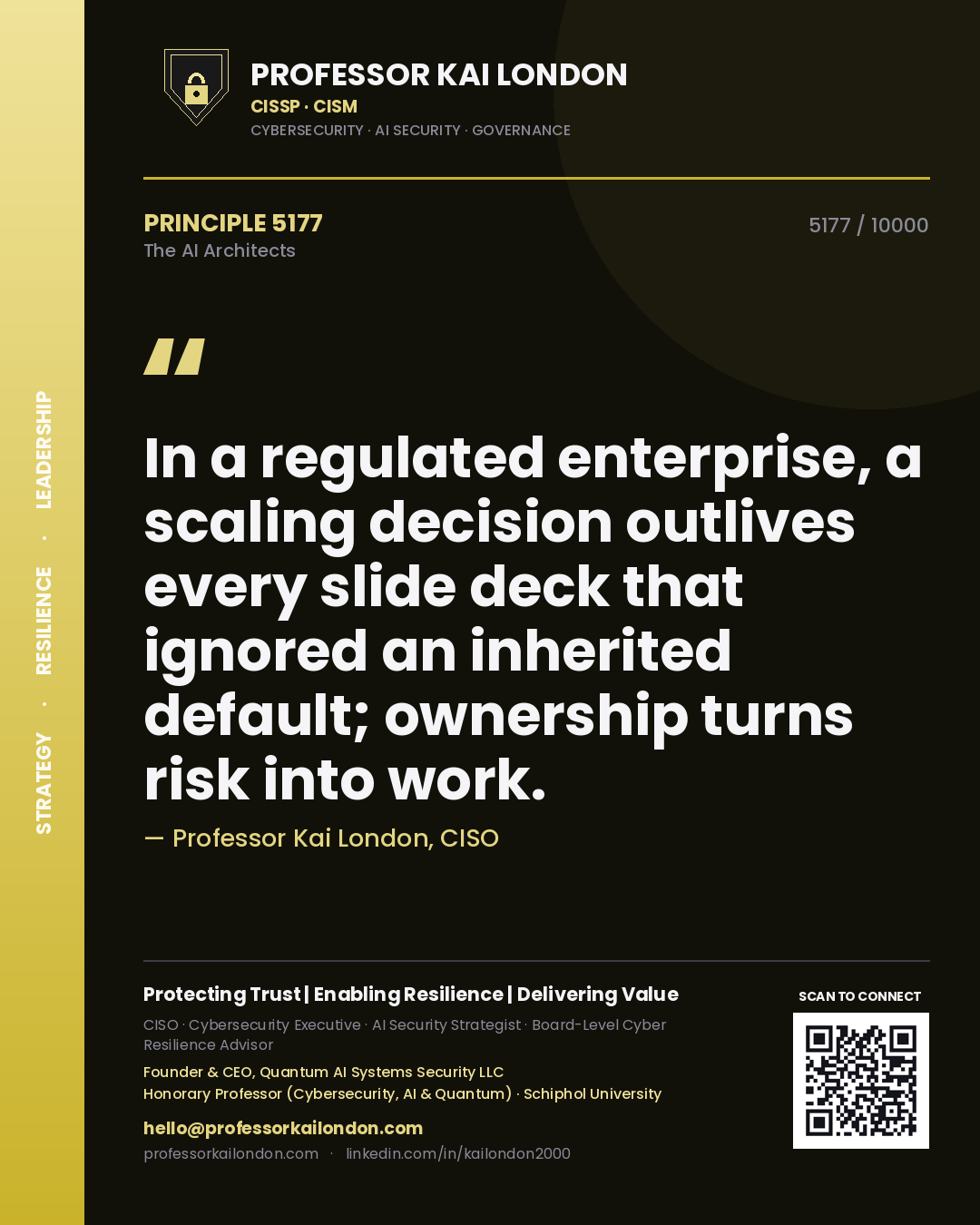 Professor Kai London principle 5177: In a regulated enterprise, a scaling decision outlives every slide deck that ignored an inherited default; ownership turns risk into work.