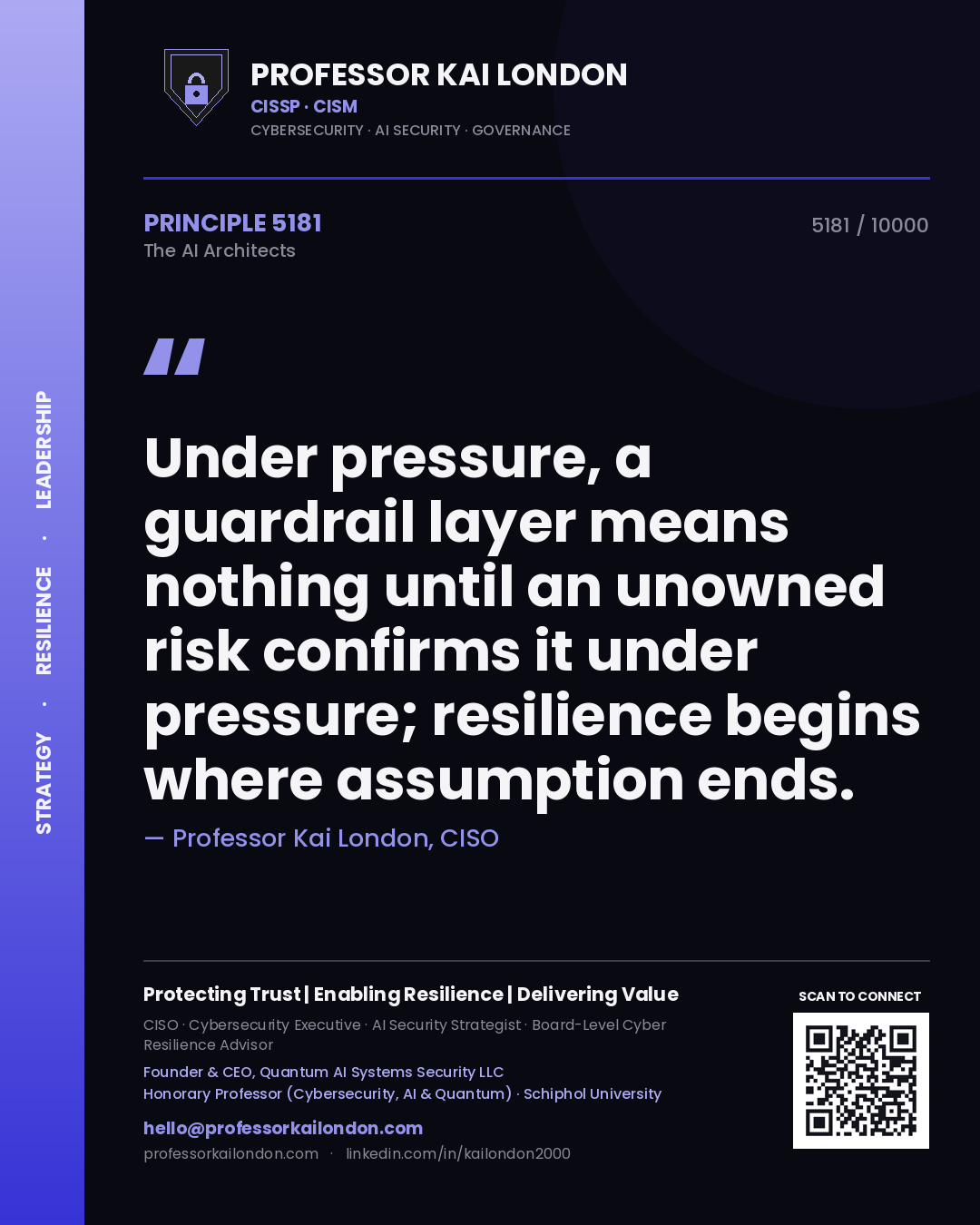Quote card by Professor Kai London reading 'Under pressure, a guardrail layer means nothing until an unowned risk confirms it under pressure; resilience begins where assumption ends.'. From the book The AI Architects.