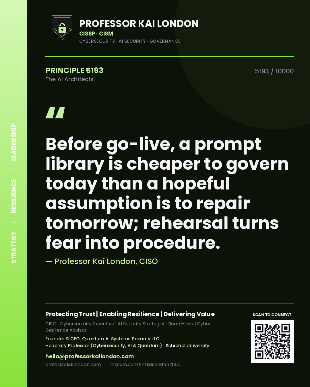 Professor Kai London principle 5193: Before go-live, a prompt library is cheaper to govern today than a hopeful assumption is to repair tomorrow; rehearsal turns fear into procedure.