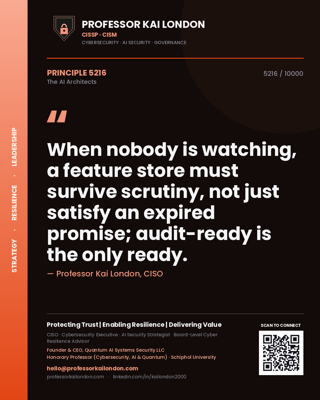Quote card by Professor Kai London reading 'When nobody is watching, a feature store must survive scrutiny, not just satisfy an expired promise; audit-ready is the only ready.'. From the book The AI Architects.