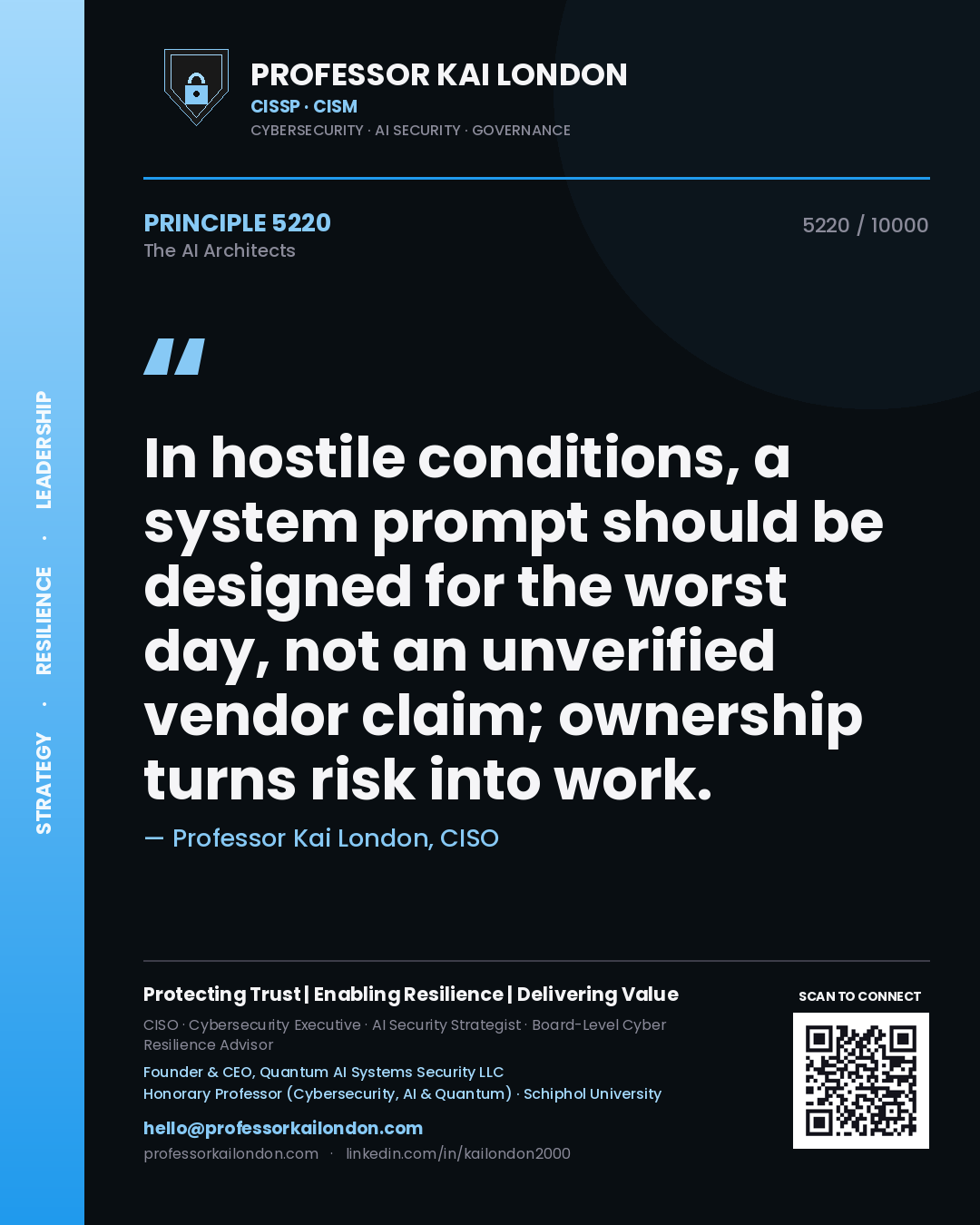 Professor Kai London principle 5220: In hostile conditions, a system prompt should be designed for the worst day, not an unverified vendor claim; ownership turns risk into work.