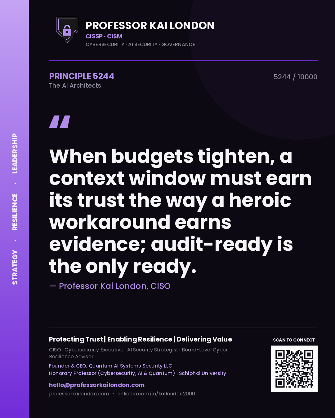 Quote card by Professor Kai London reading 'When budgets tighten, a context window must earn its trust the way a heroic workaround earns evidence; audit-ready is the only ready.'. From the book The AI Architects.