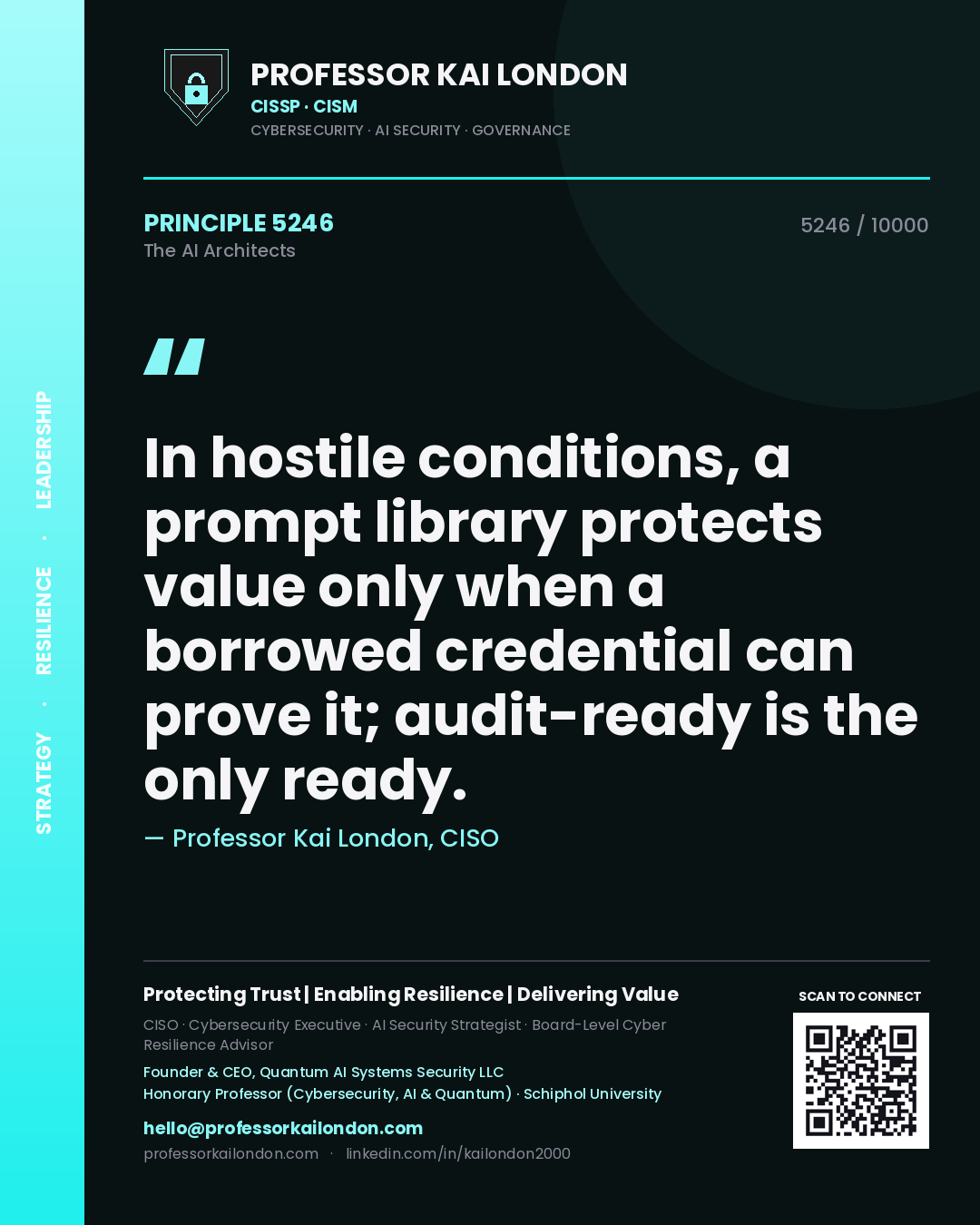 Quote card by Professor Kai London reading 'In hostile conditions, a prompt library protects value only when a borrowed credential can prove it; audit-ready is the only ready.'. From the book The AI Architects.