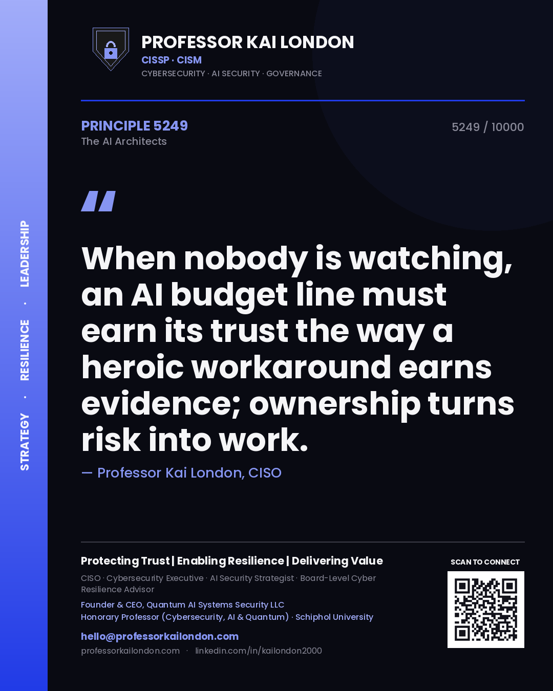 Quote card by Professor Kai London reading 'When nobody is watching, an AI budget line must earn its trust the way a heroic workaround earns evidence; ownership turns risk into work.'. From the book The AI Architects.