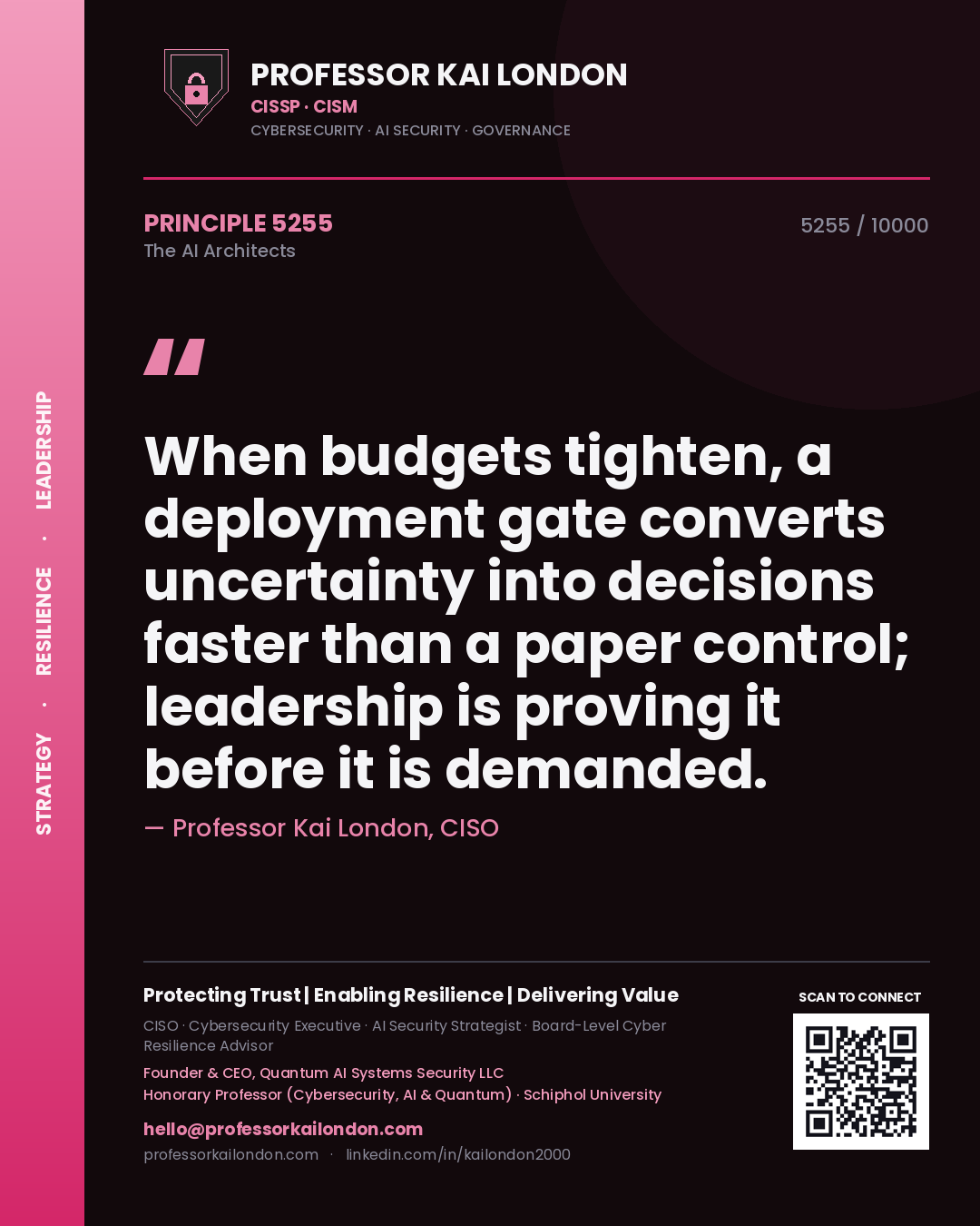 Quote card by Professor Kai London reading 'When budgets tighten, a deployment gate converts uncertainty into decisions faster than a paper control; leadership is proving it before it is demanded.'. From the book The AI Architects.