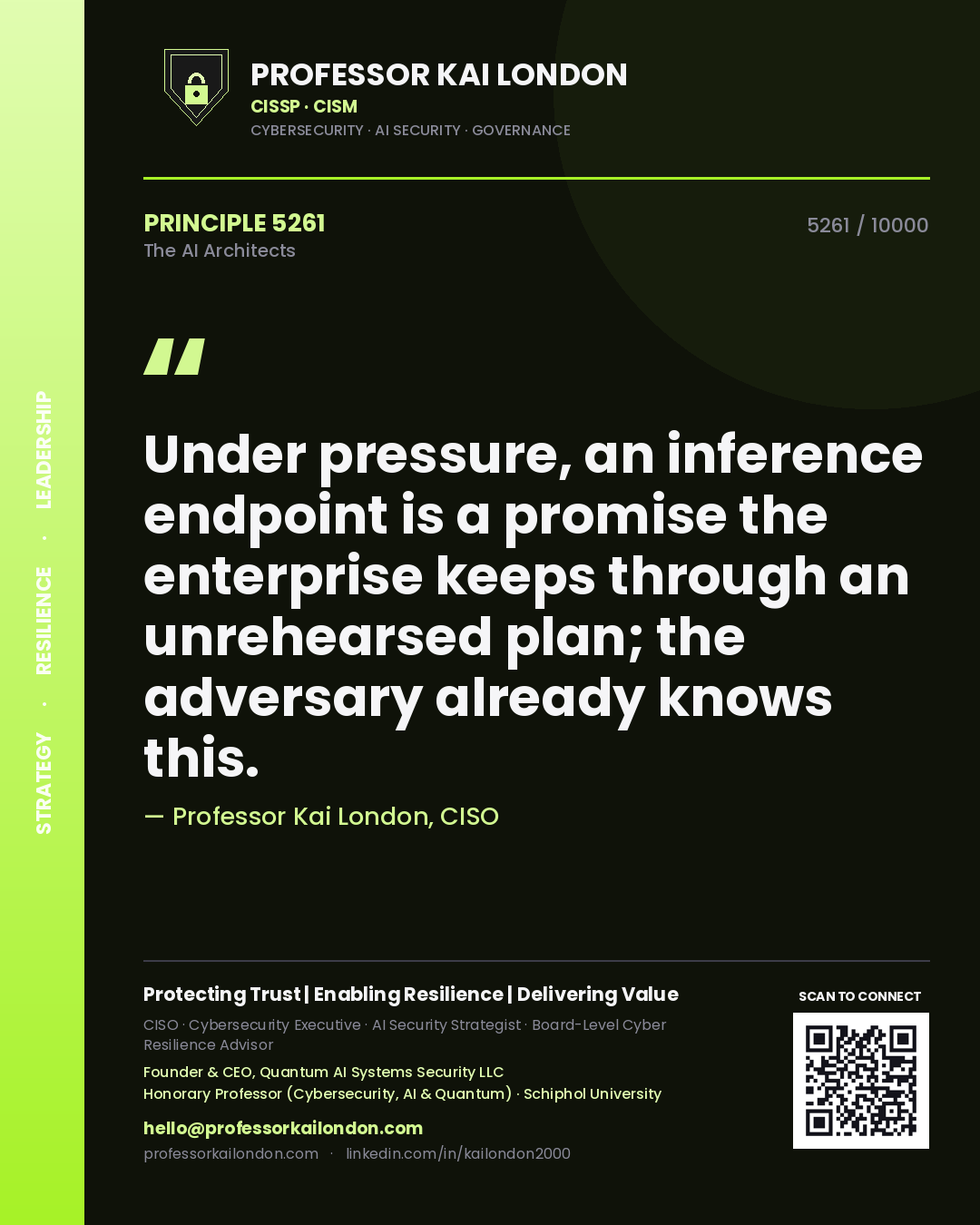 Professor Kai London principle 5261: Under pressure, an inference endpoint is a promise the enterprise keeps through an unrehearsed plan; the adversary already knows this.