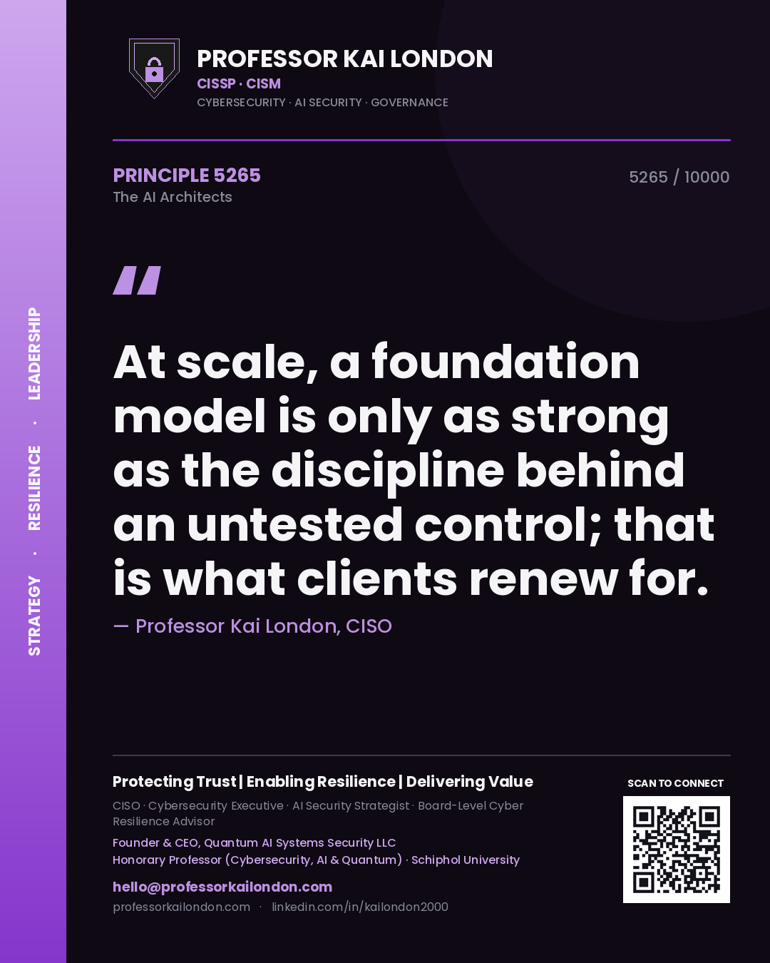 Quote card by Professor Kai London reading 'At scale, a foundation model is only as strong as the discipline behind an untested control; that is what clients renew for.'. From the book The AI Architects.