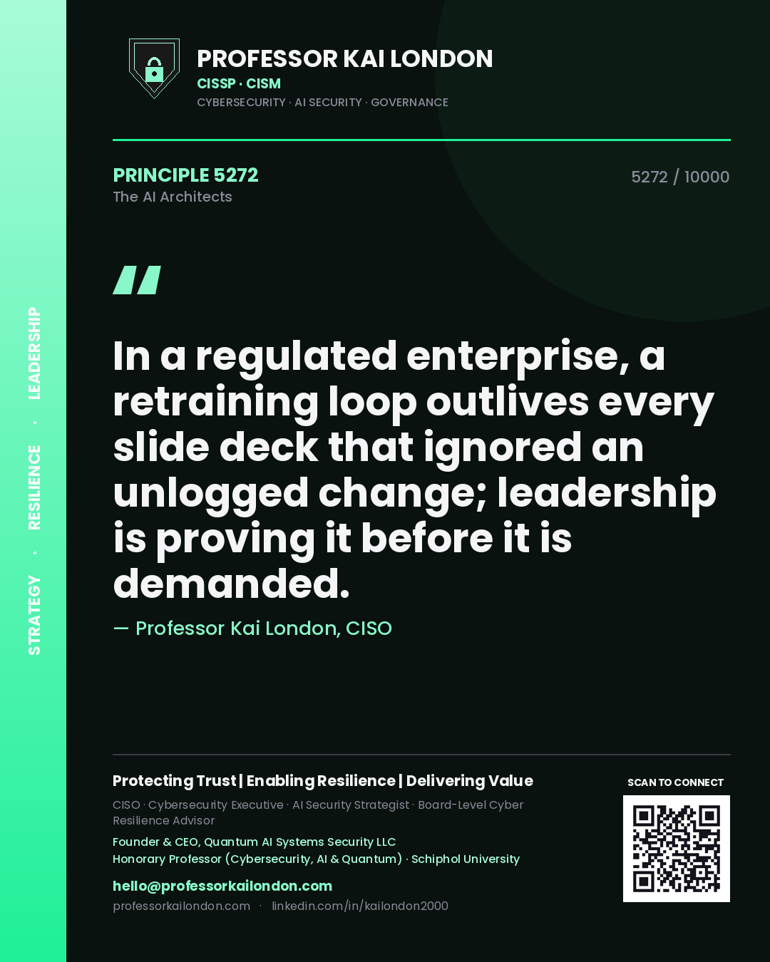 Quote card by Professor Kai London reading 'In a regulated enterprise, a retraining loop outlives every slide deck that ignored an unlogged change; leadership is proving it before it is demanded.'. From the book The AI Architects.