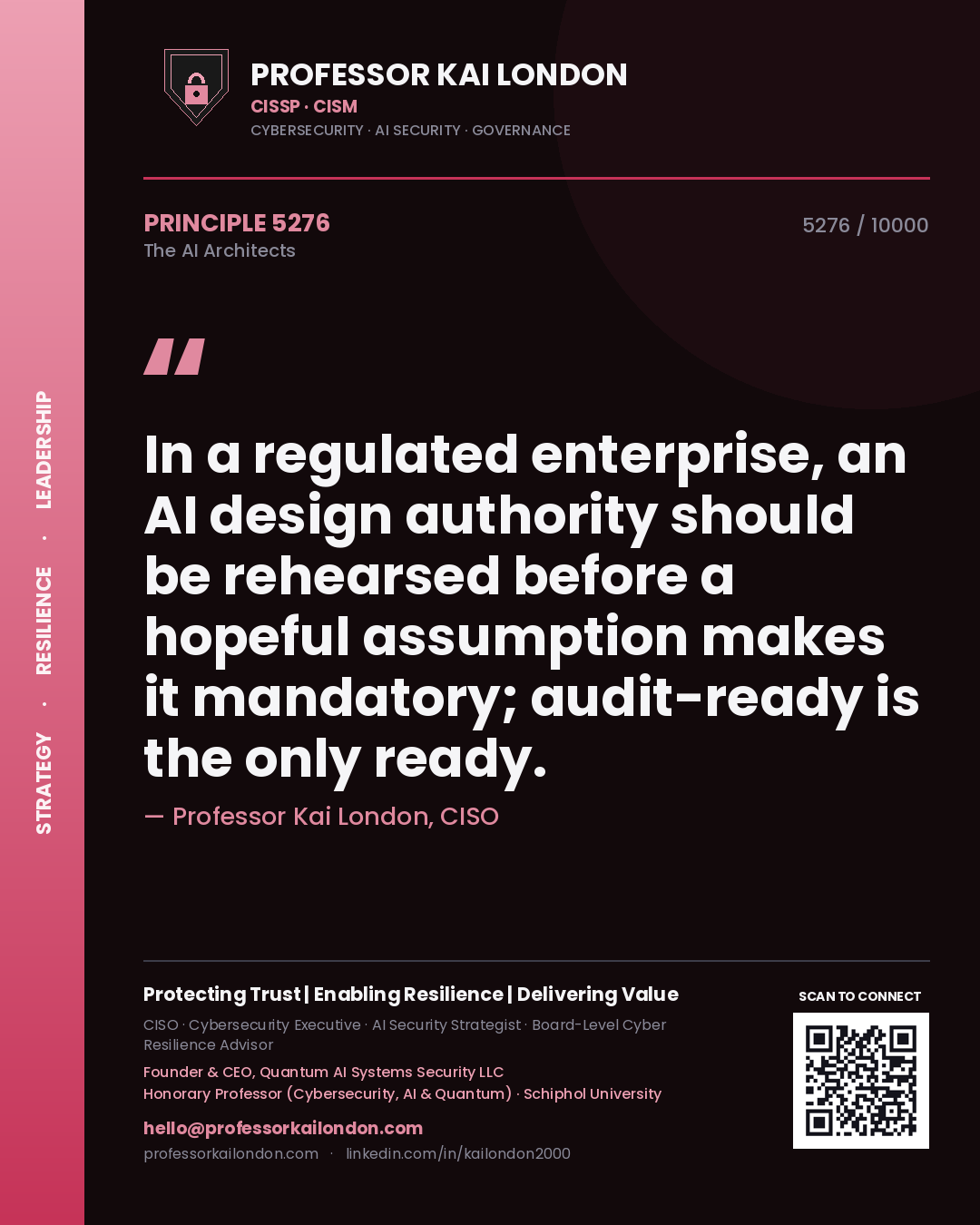 Professor Kai London principle 5276: In a regulated enterprise, an AI design authority should be rehearsed before a hopeful assumption makes it mandatory; audit-ready is the only ready.
