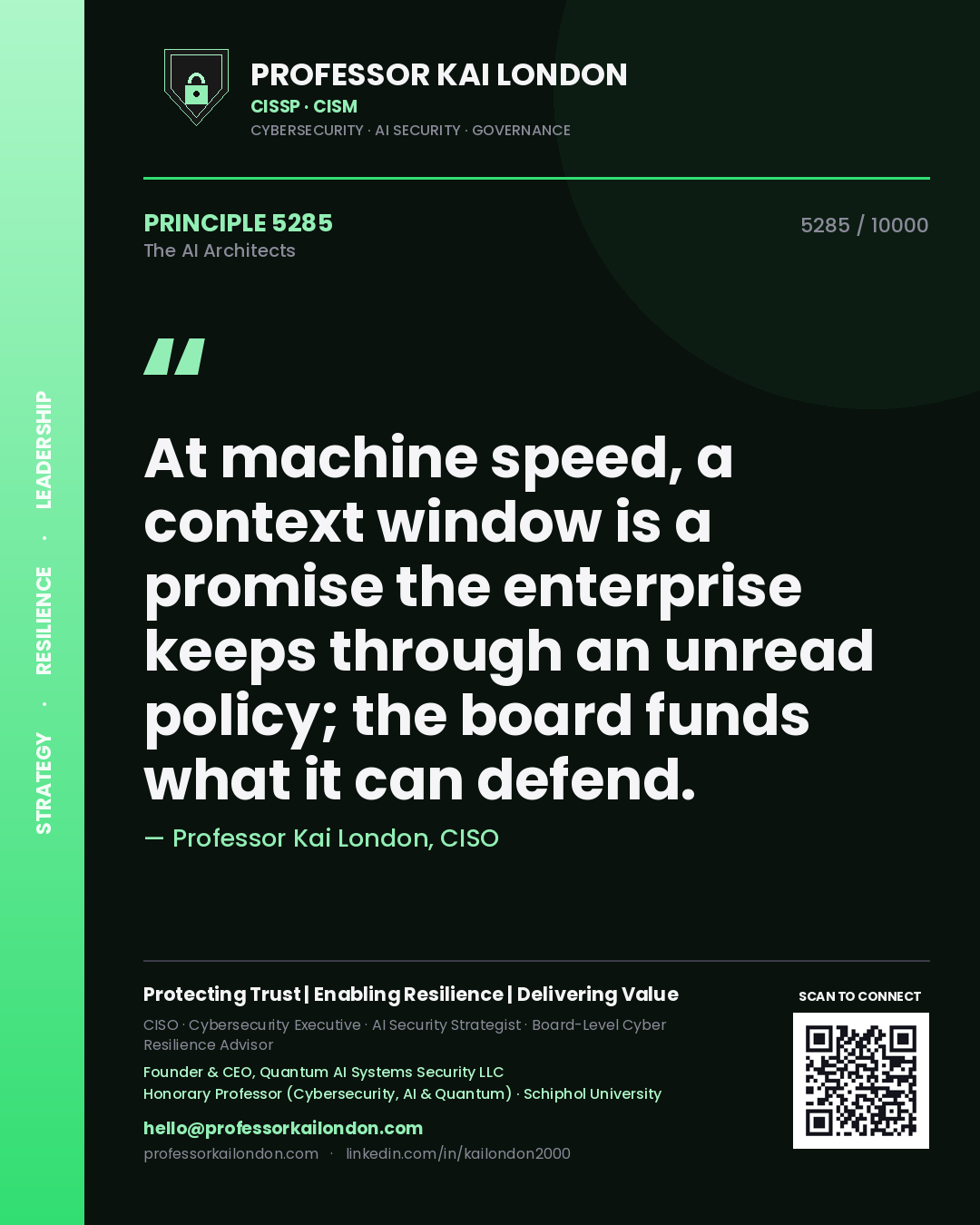 Professor Kai London principle 5285: At machine speed, a context window is a promise the enterprise keeps through an unread policy; the board funds what it can defend.