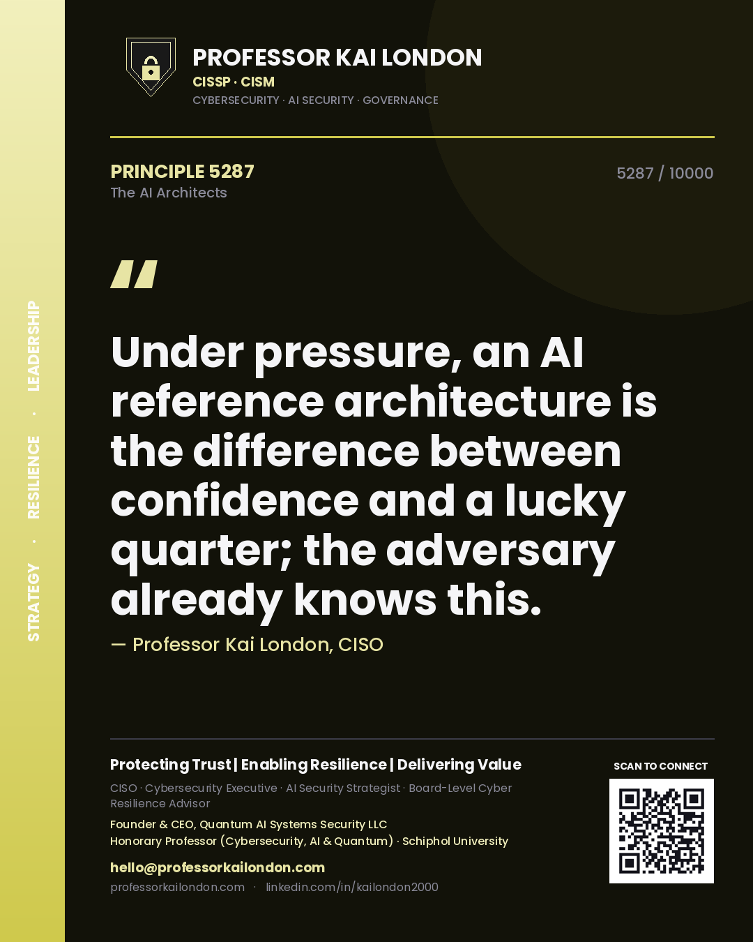 Quote card by Professor Kai London reading 'Under pressure, an AI reference architecture is the difference between confidence and a lucky quarter; the adversary already knows this.'. From the book The AI Architects.
