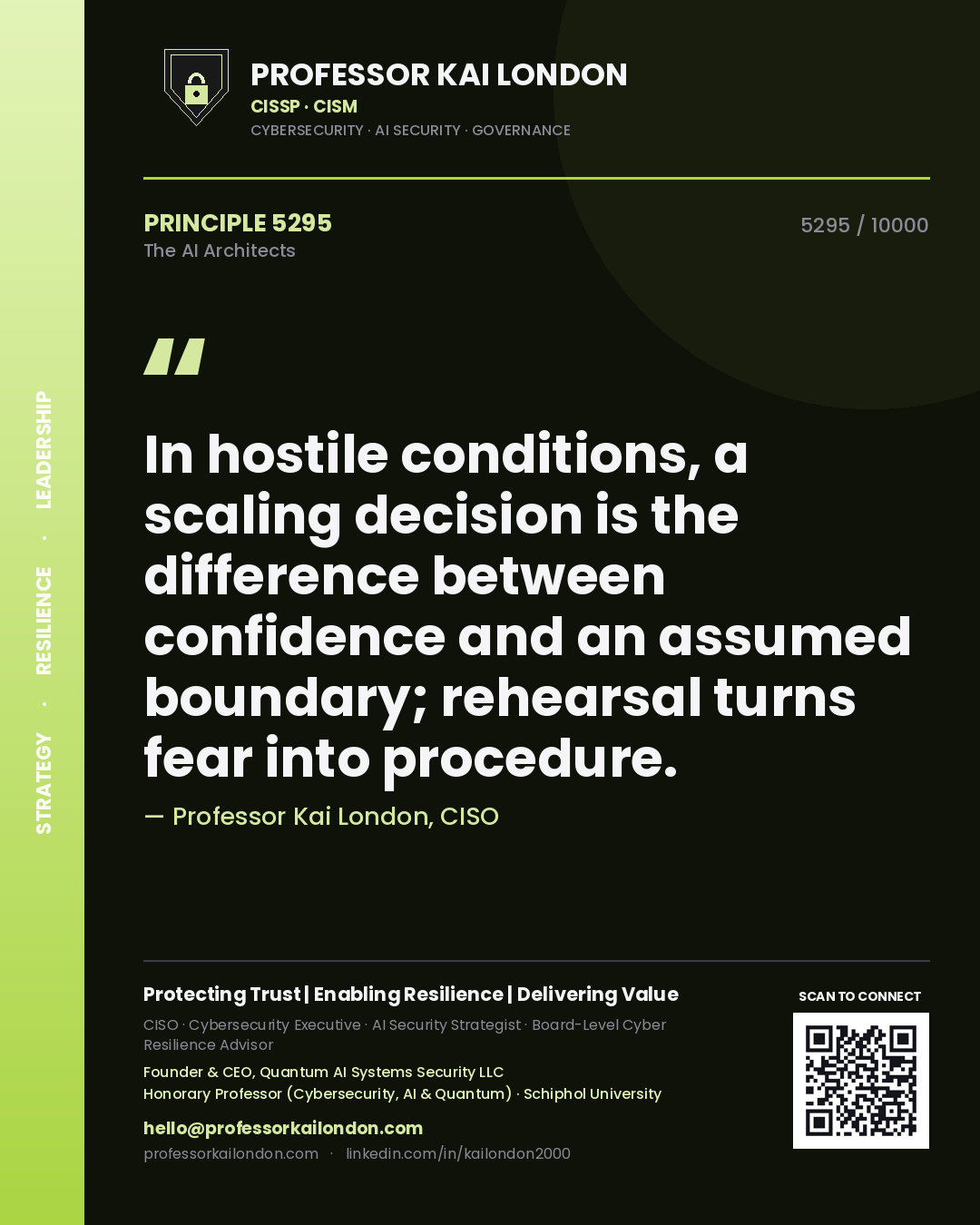 Professor Kai London principle 5295: In hostile conditions, a scaling decision is the difference between confidence and an assumed boundary; rehearsal turns fear into procedure.