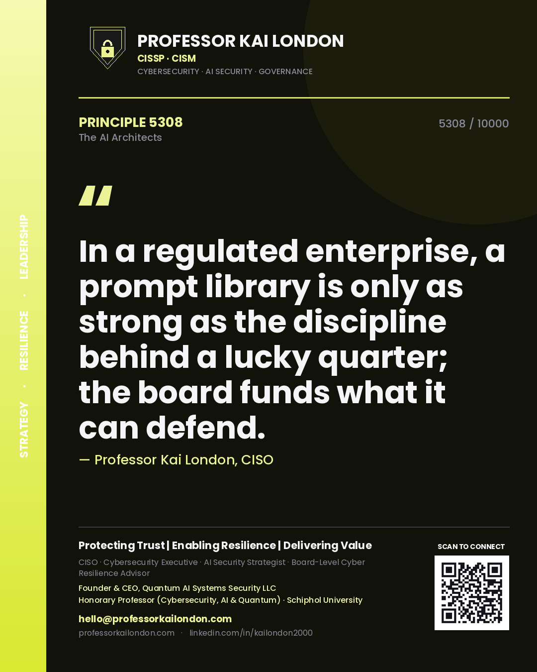 Quote card by Professor Kai London reading 'In a regulated enterprise, a prompt library is only as strong as the discipline behind a lucky quarter; the board funds what it can defend.'. From the book The AI Architects.