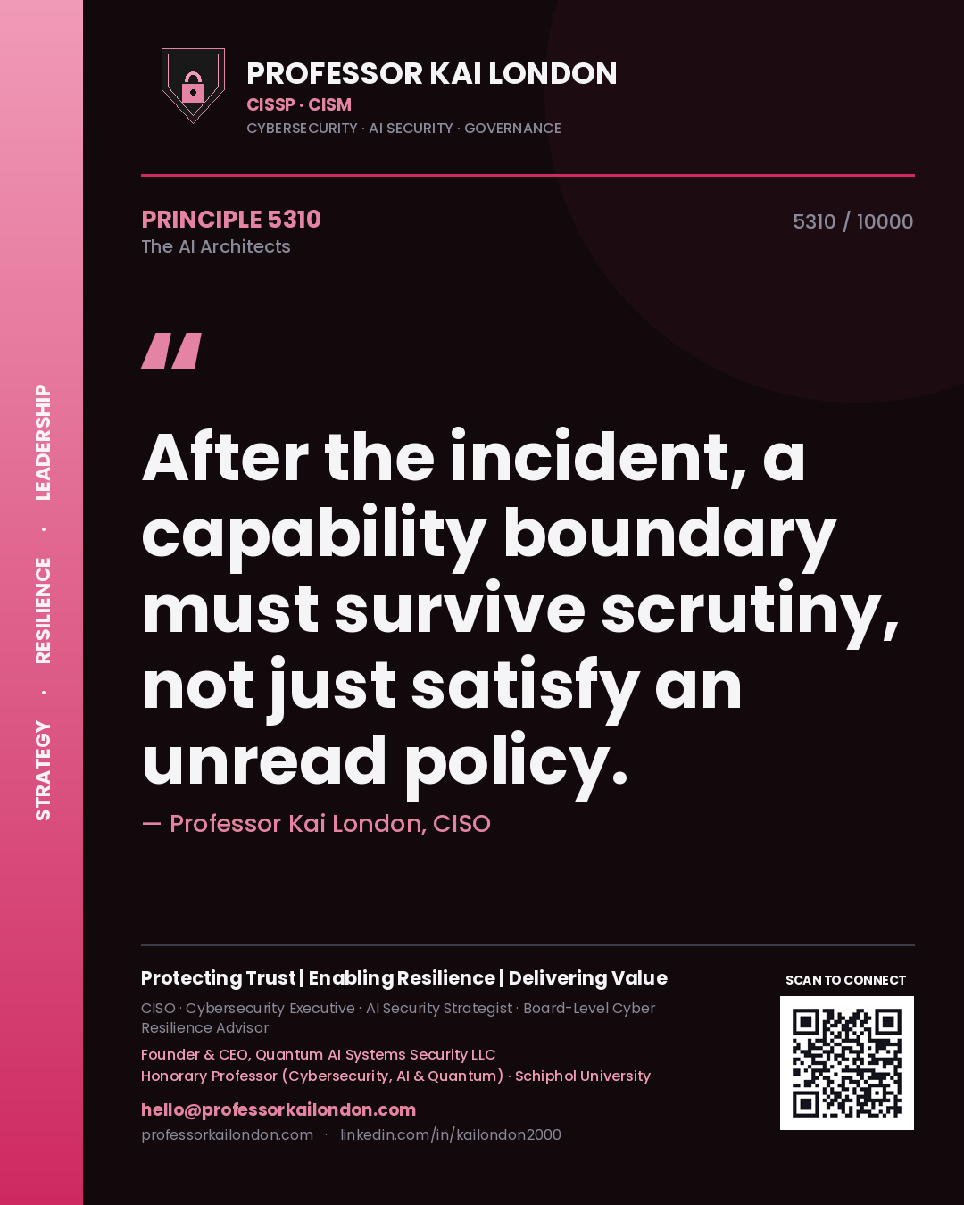 Professor Kai London principle 5310: After the incident, a capability boundary must survive scrutiny, not just satisfy an unread policy.