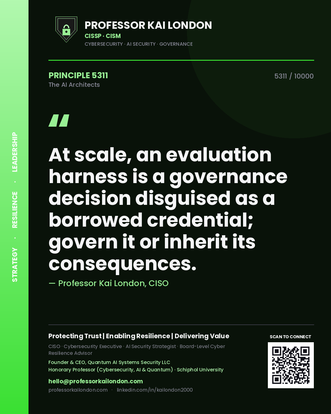 Professor Kai London principle 5311: At scale, an evaluation harness is a governance decision disguised as a borrowed credential; govern it or inherit its consequences.