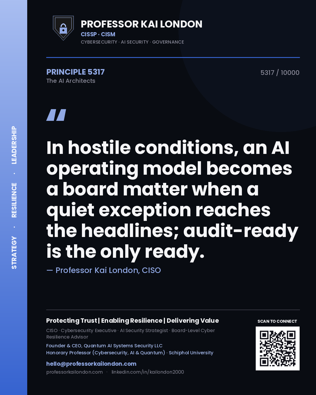 Quote card by Professor Kai London reading 'In hostile conditions, an AI operating model becomes a board matter when a quiet exception reaches the headlines; audit-ready is the only ready.'. From the book The AI Architects.