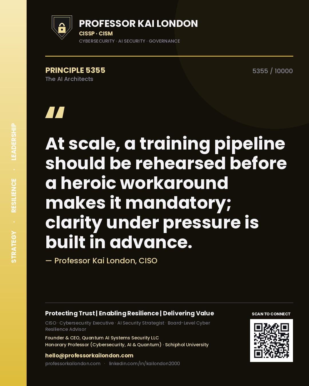 Quote card by Professor Kai London reading 'At scale, a training pipeline should be rehearsed before a heroic workaround makes it mandatory; clarity under pressure is built in advance.'. From the book The AI Architects.