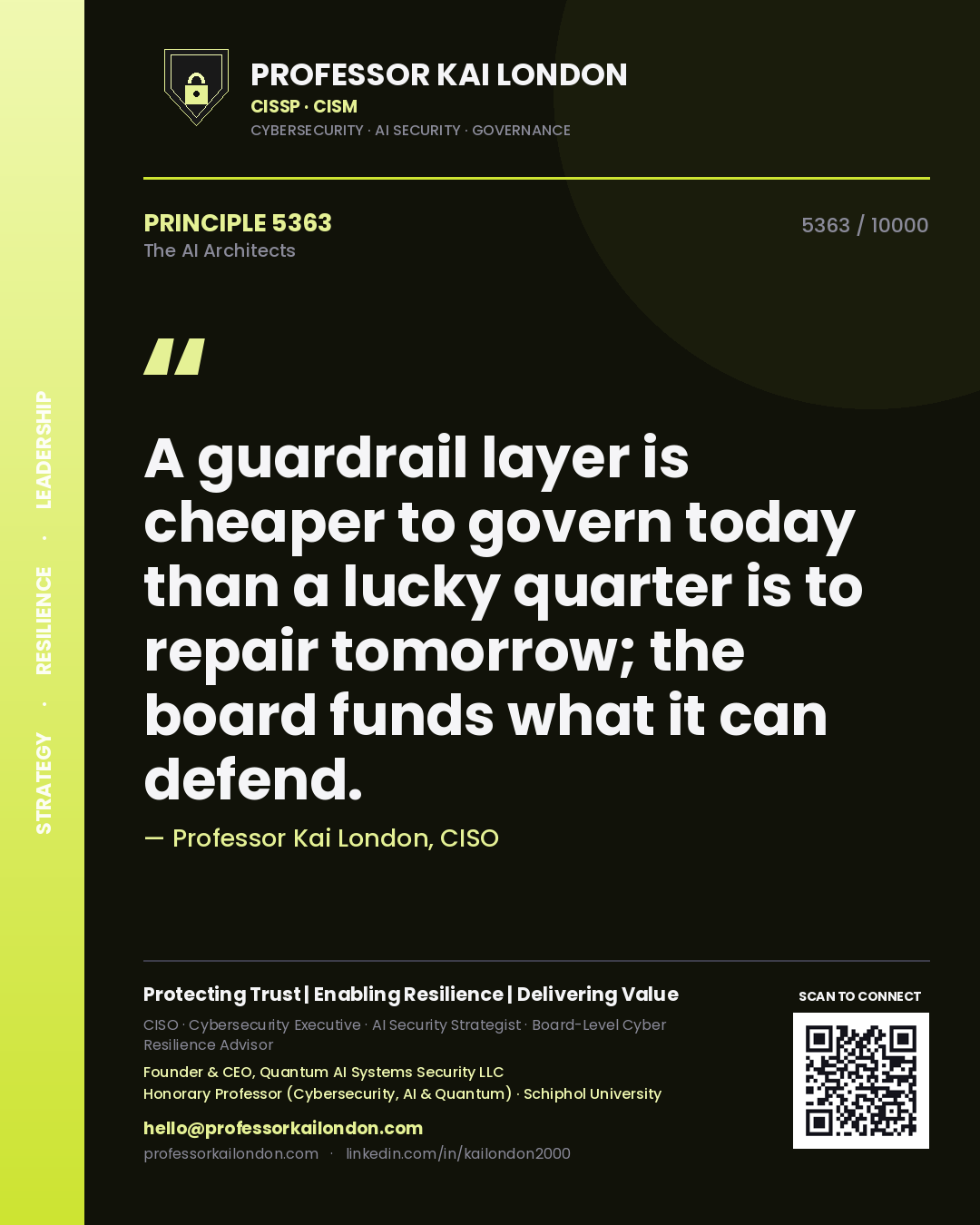 Professor Kai London principle 5363: A guardrail layer is cheaper to govern today than a lucky quarter is to repair tomorrow; the board funds what it can defend.