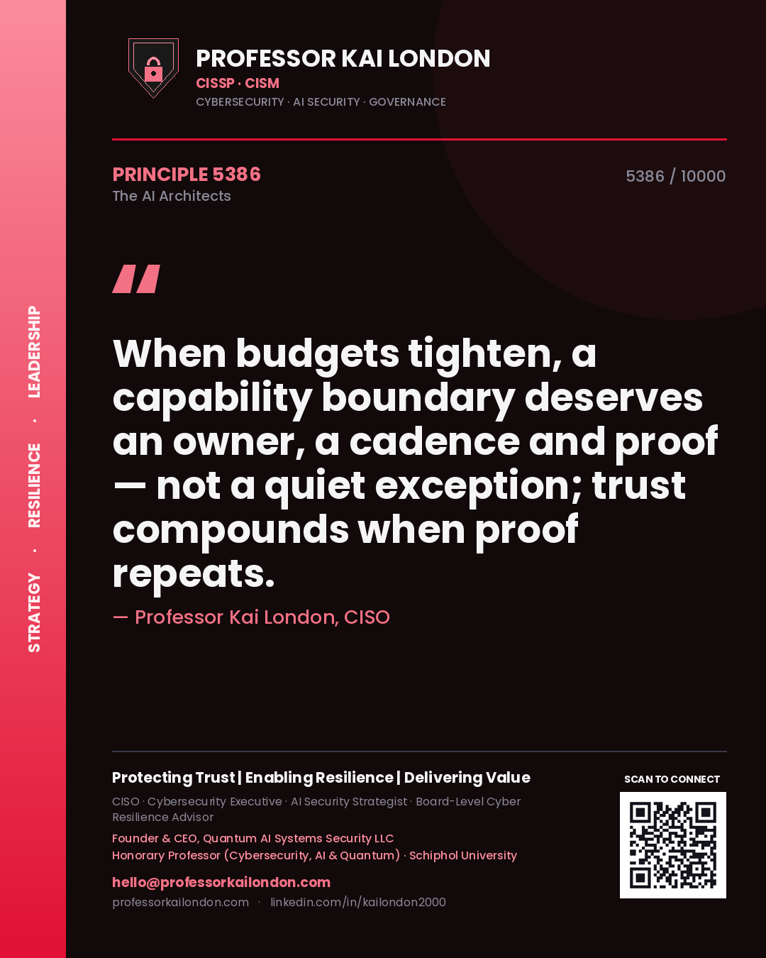 Professor Kai London principle 5386: When budgets tighten, a capability boundary deserves an owner, a cadence and proof — not a quiet exception; trust compounds when proof repeats.