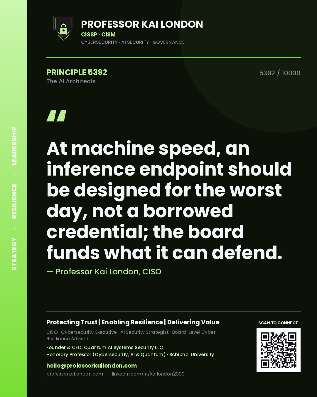Professor Kai London principle 5392: At machine speed, an inference endpoint should be designed for the worst day, not a borrowed credential; the board funds what it can defend.