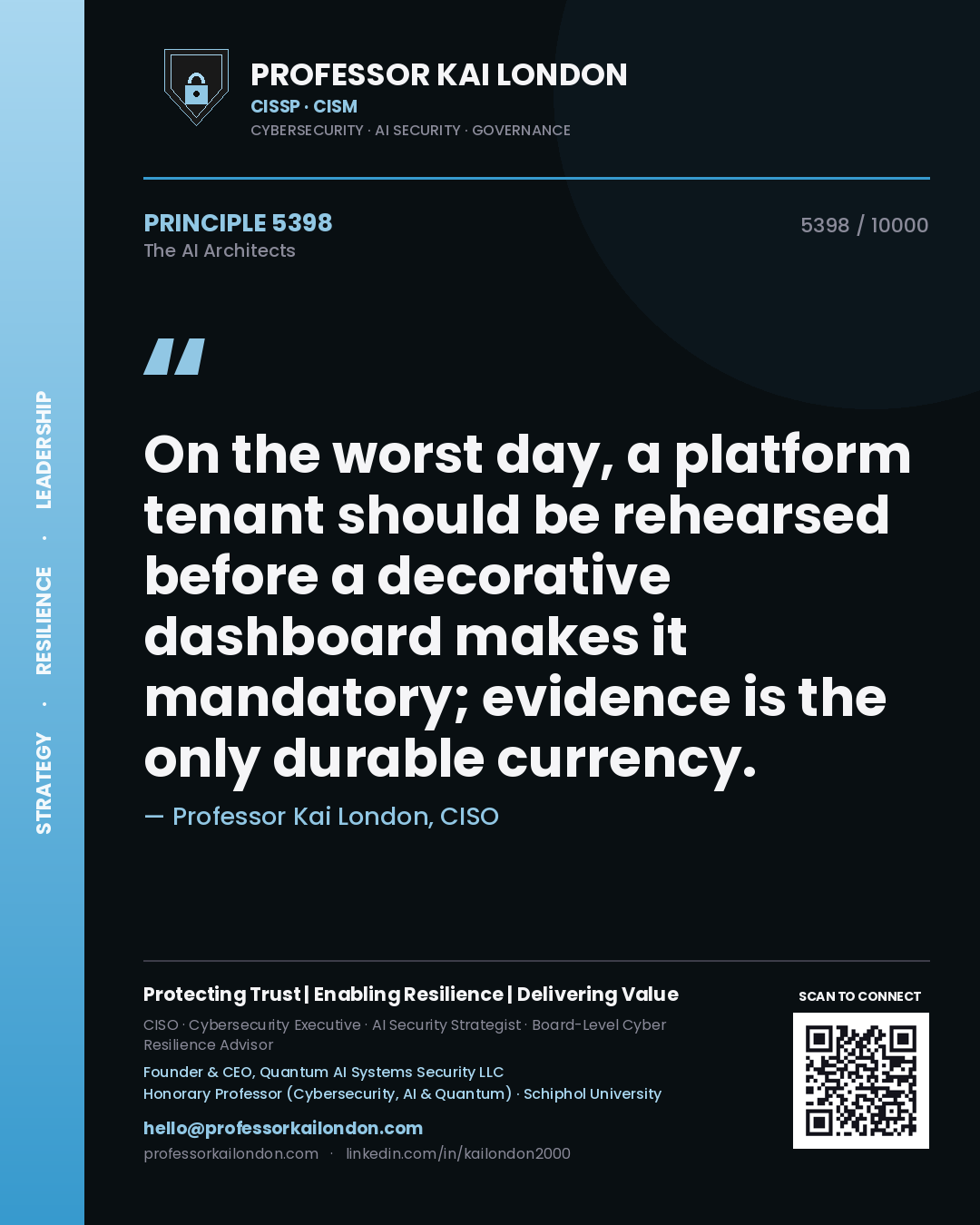 Professor Kai London principle 5398: On the worst day, a platform tenant should be rehearsed before a decorative dashboard makes it mandatory; evidence is the only durable currency.
