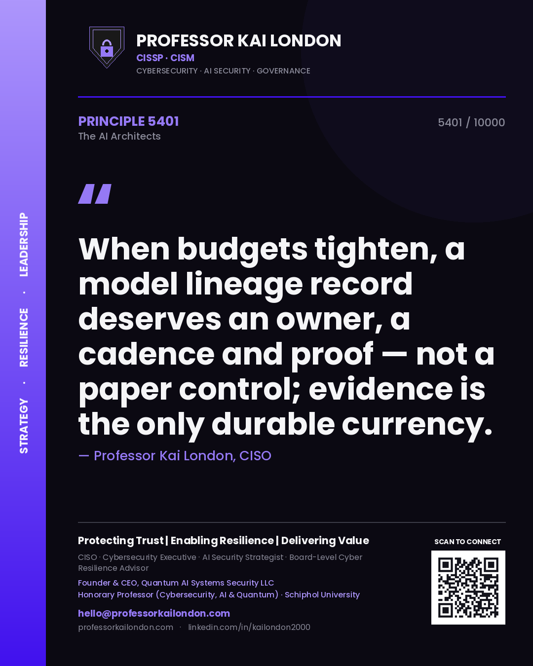 Quote card by Professor Kai London reading 'When budgets tighten, a model lineage record deserves an owner, a cadence and proof — not a paper control; evidence is the only durable currency.'. From the book The AI Architects.