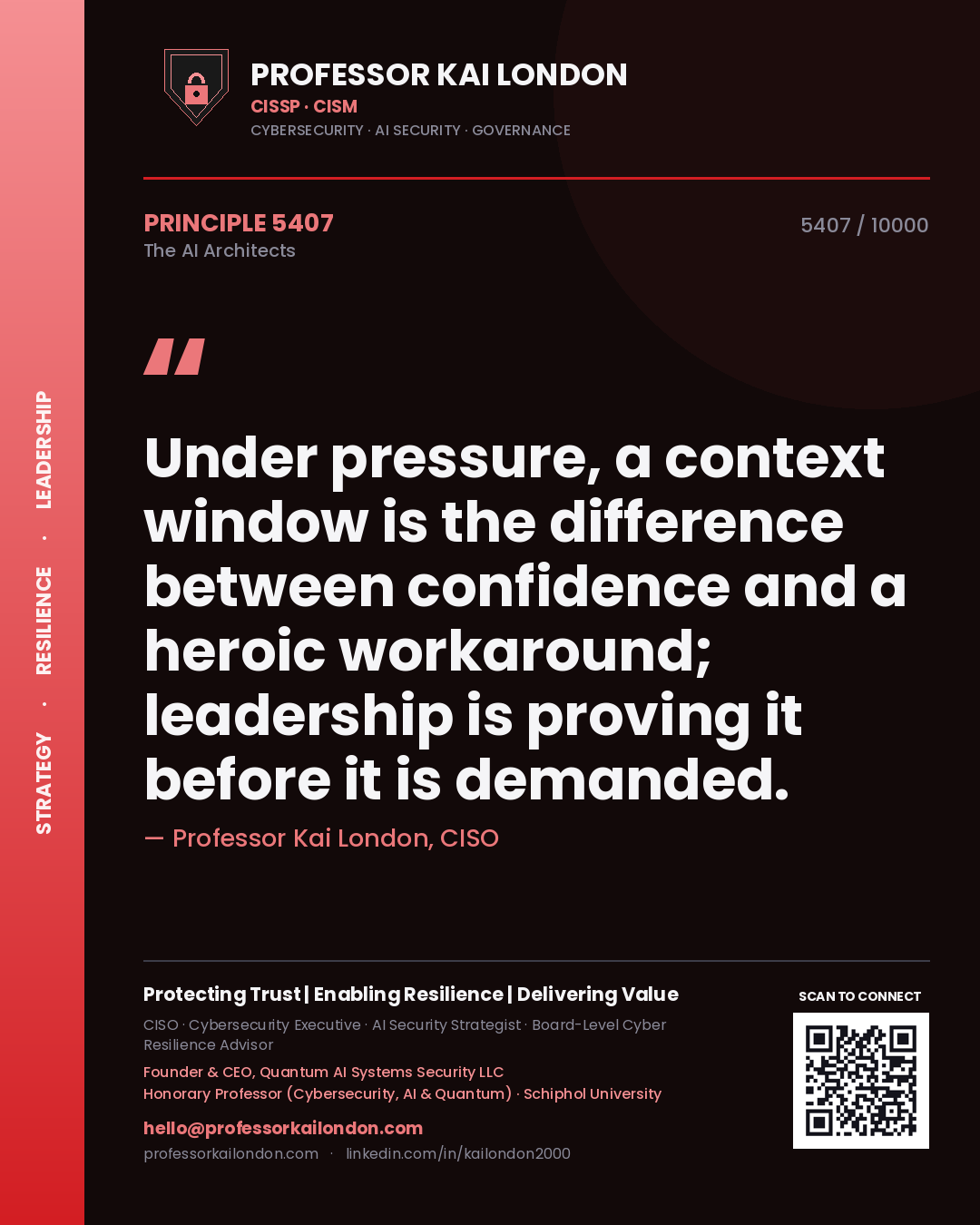 Quote card by Professor Kai London reading 'Under pressure, a context window is the difference between confidence and a heroic workaround; leadership is proving it before it is demanded.'. From the book The AI Architects.