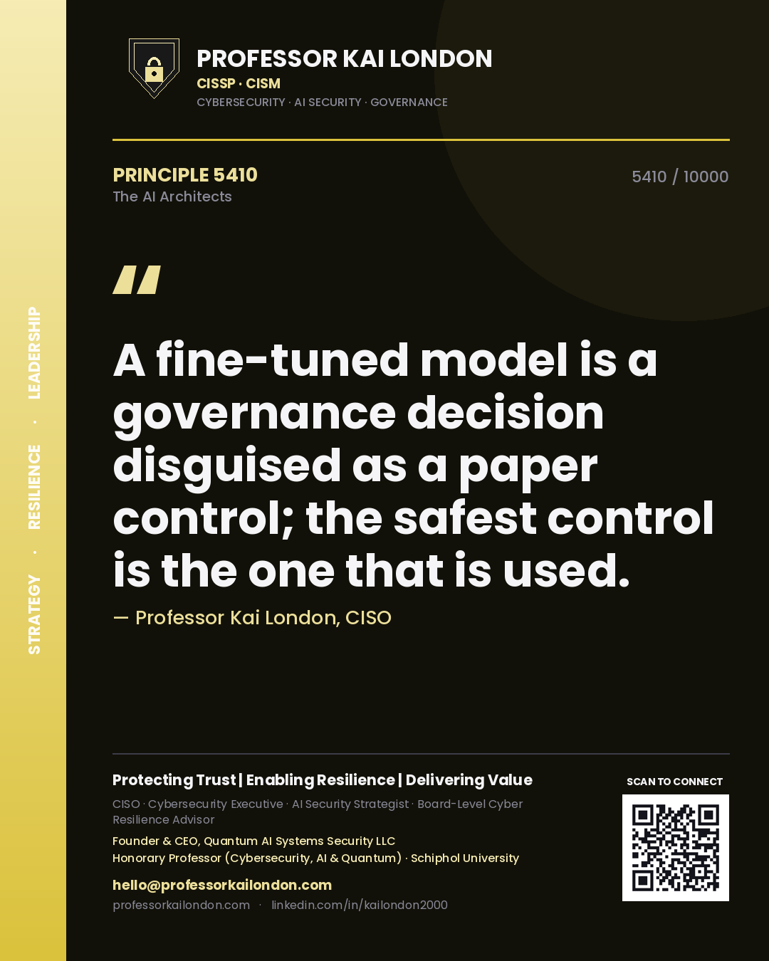 Quote card by Professor Kai London reading 'A fine-tuned model is a governance decision disguised as a paper control; the safest control is the one that is used.'. From the book The AI Architects.