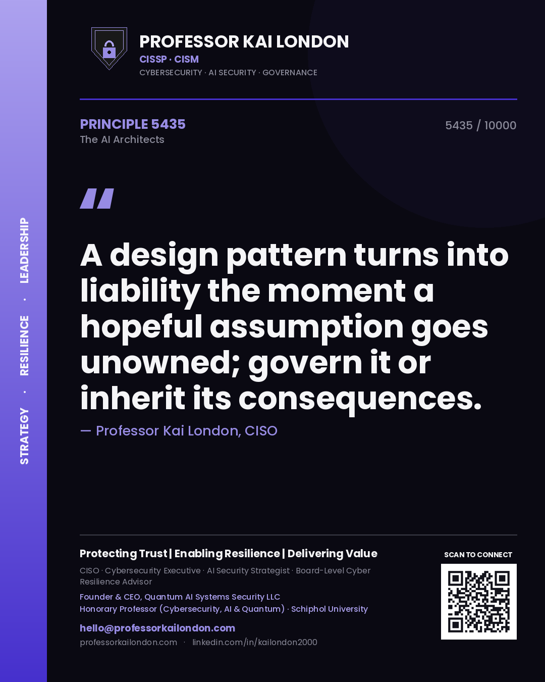 Quote card by Professor Kai London reading 'A design pattern turns into liability the moment a hopeful assumption goes unowned; govern it or inherit its consequences.'. From the book The AI Architects.