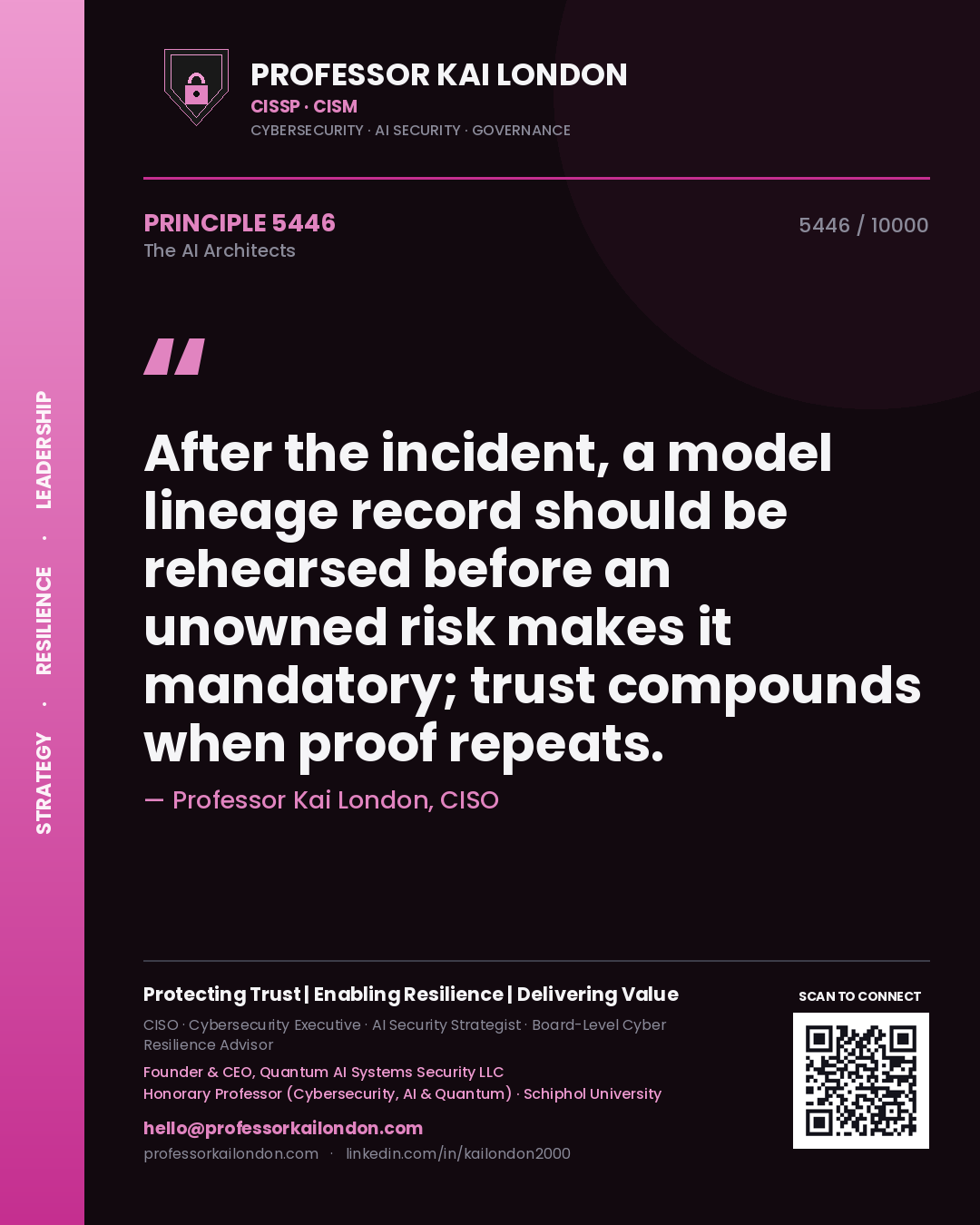 Professor Kai London principle 5446: After the incident, a model lineage record should be rehearsed before an unowned risk makes it mandatory; trust compounds when proof repeats.