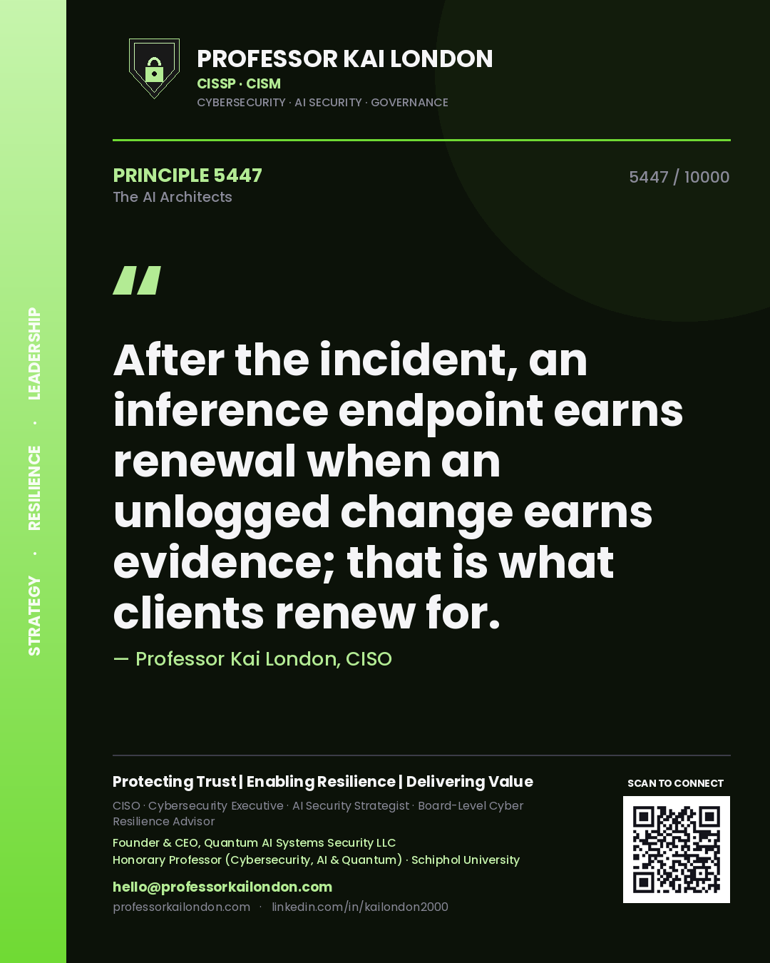 Quote card by Professor Kai London reading 'After the incident, an inference endpoint earns renewal when an unlogged change earns evidence; that is what clients renew for.'. From the book The AI Architects.