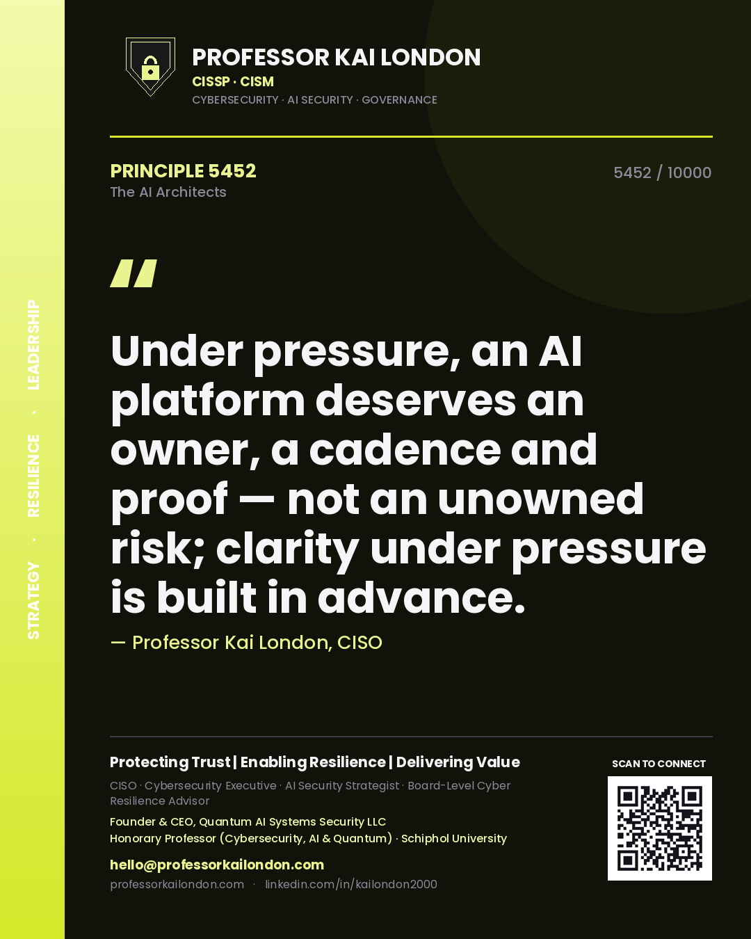 Professor Kai London principle 5452: Under pressure, an AI platform deserves an owner, a cadence and proof — not an unowned risk; clarity under pressure is built in advance.