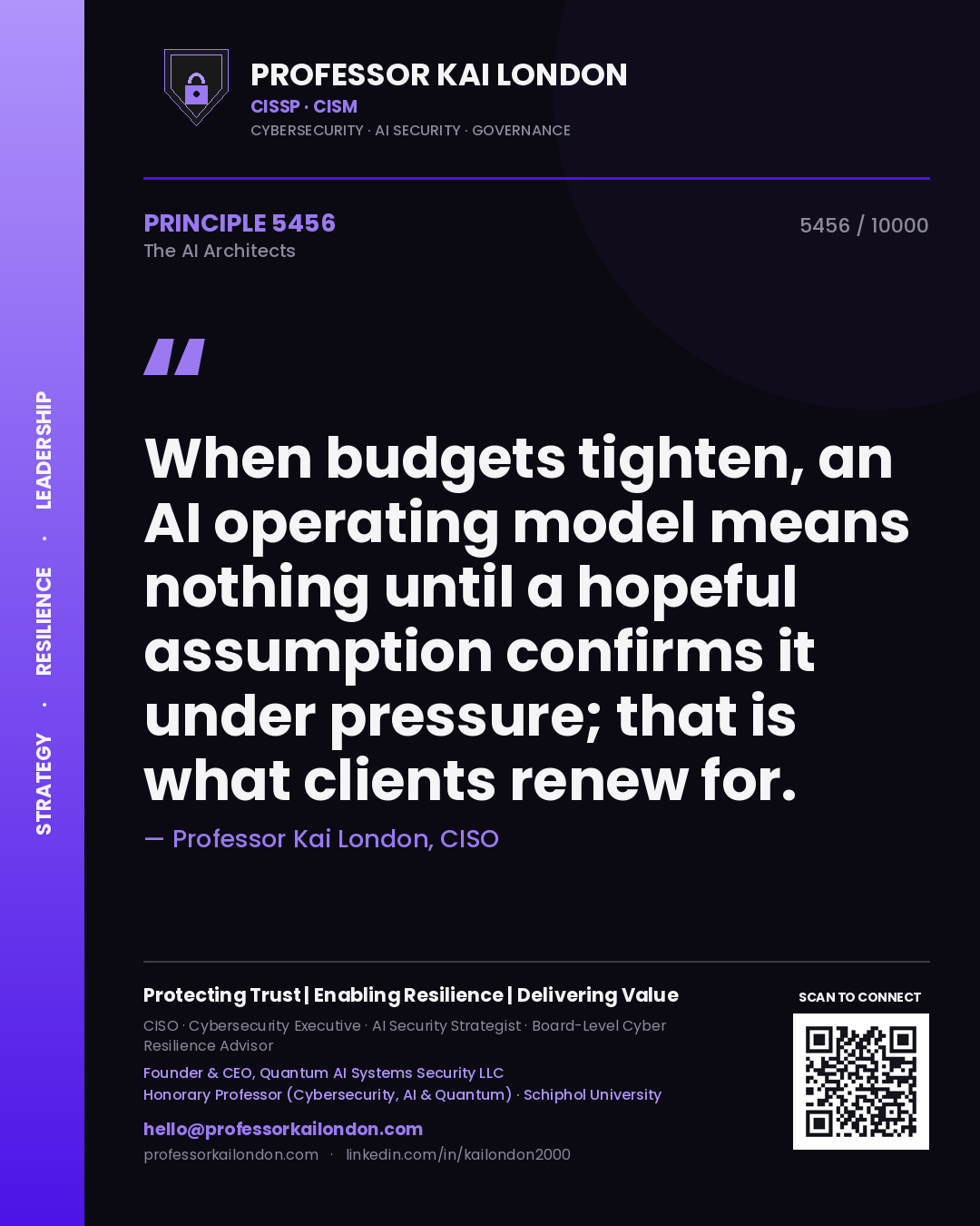 Professor Kai London principle 5456: When budgets tighten, an AI operating model means nothing until a hopeful assumption confirms it under pressure; that is what clients renew for.