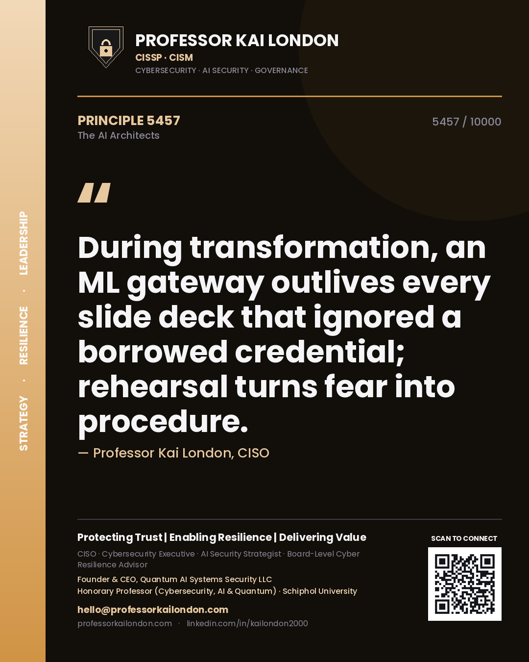 Quote card by Professor Kai London reading 'During transformation, an ML gateway outlives every slide deck that ignored a borrowed credential; rehearsal turns fear into procedure.'. From the book The AI Architects.