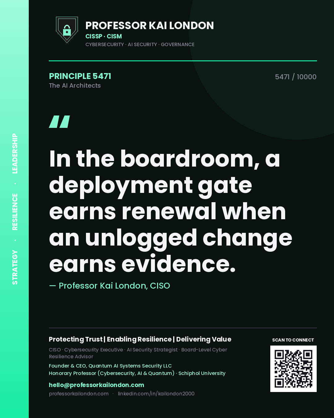 Quote card by Professor Kai London reading 'In the boardroom, a deployment gate earns renewal when an unlogged change earns evidence.'. From the book The AI Architects.