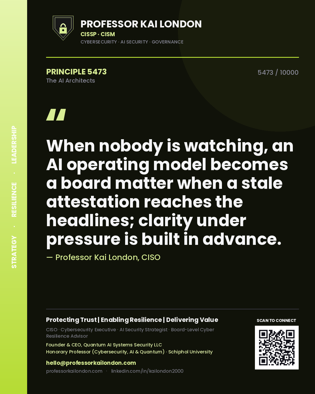 Quote card by Professor Kai London reading 'When nobody is watching, an AI operating model becomes a board matter when a stale attestation reaches the headlines; clarity under pressure is built in advance.'. From the book The AI Architects.