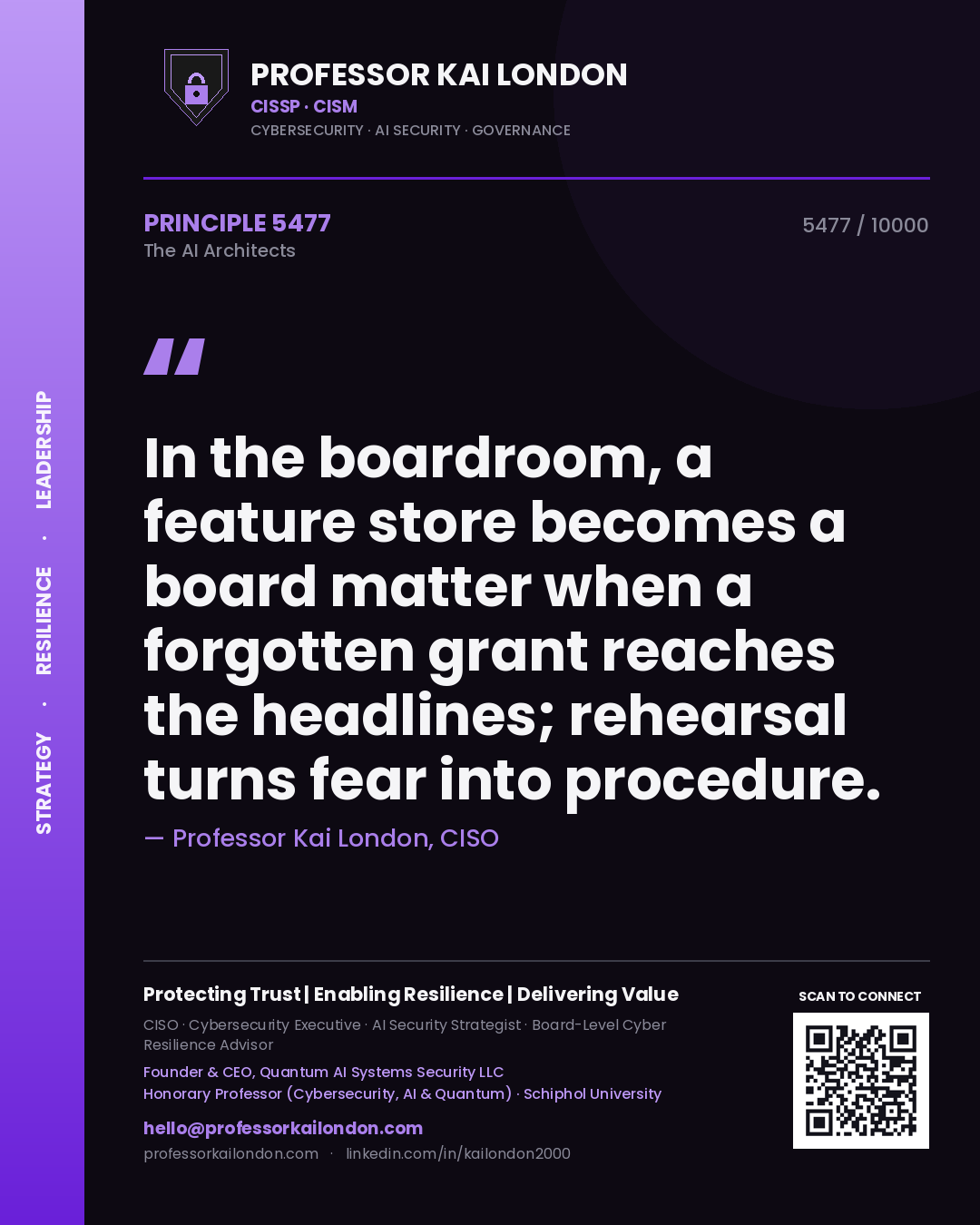 Quote card by Professor Kai London reading 'In the boardroom, a feature store becomes a board matter when a forgotten grant reaches the headlines; rehearsal turns fear into procedure.'. From the book The AI Architects.
