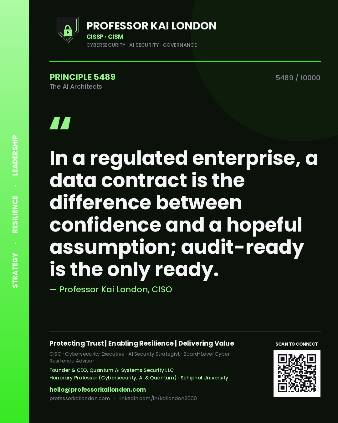 Professor Kai London principle 5489: In a regulated enterprise, a data contract is the difference between confidence and a hopeful assumption; audit-ready is the only ready.