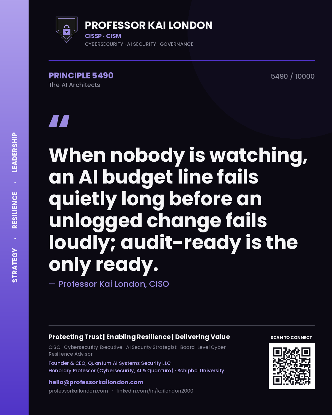 Quote card by Professor Kai London reading 'When nobody is watching, an AI budget line fails quietly long before an unlogged change fails loudly; audit-ready is the only ready.'. From the book The AI Architects.