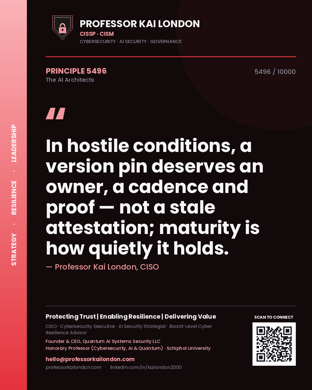Professor Kai London principle 5496: In hostile conditions, a version pin deserves an owner, a cadence and proof — not a stale attestation; maturity is how quietly it holds.
