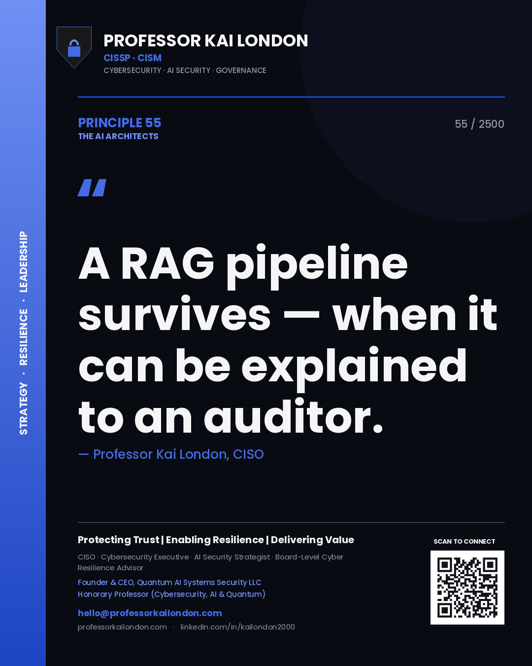 Quote card by Professor Kai London reading 'A RAG pipeline survives — when it can be explained to an auditor.'. From the book The AI Architects.