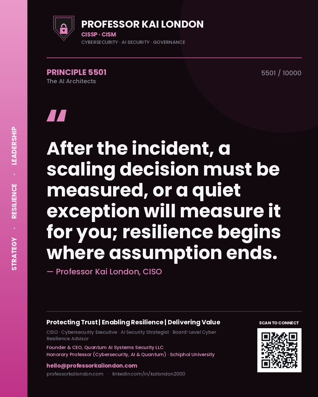 Quote card by Professor Kai London reading 'After the incident, a scaling decision must be measured, or a quiet exception will measure it for you; resilience begins where assumption ends.'. From the book The AI Architects.
