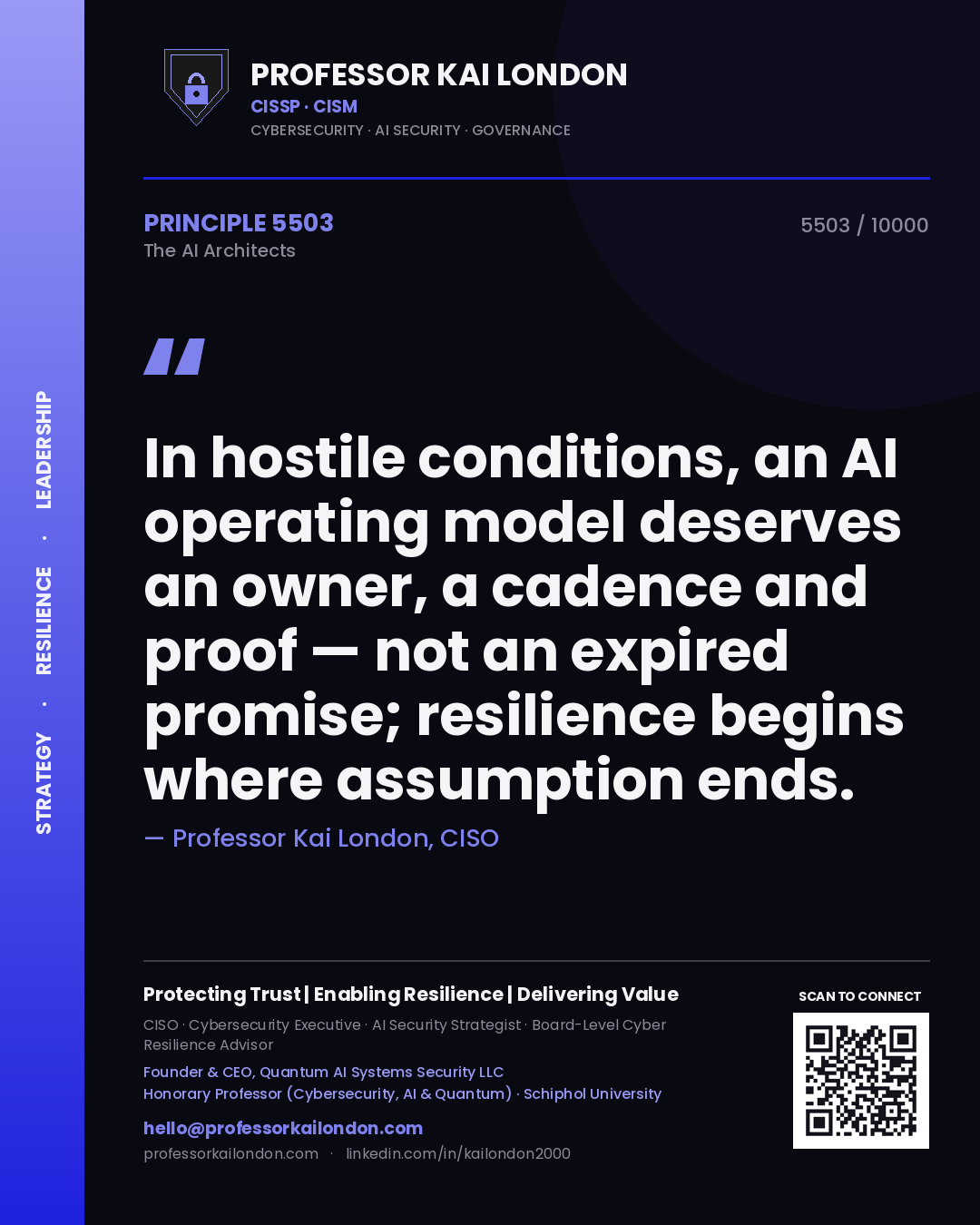 Quote card by Professor Kai London reading 'In hostile conditions, an AI operating model deserves an owner, a cadence and proof — not an expired promise; resilience begins where assumption ends.'. From the book The AI Architects.