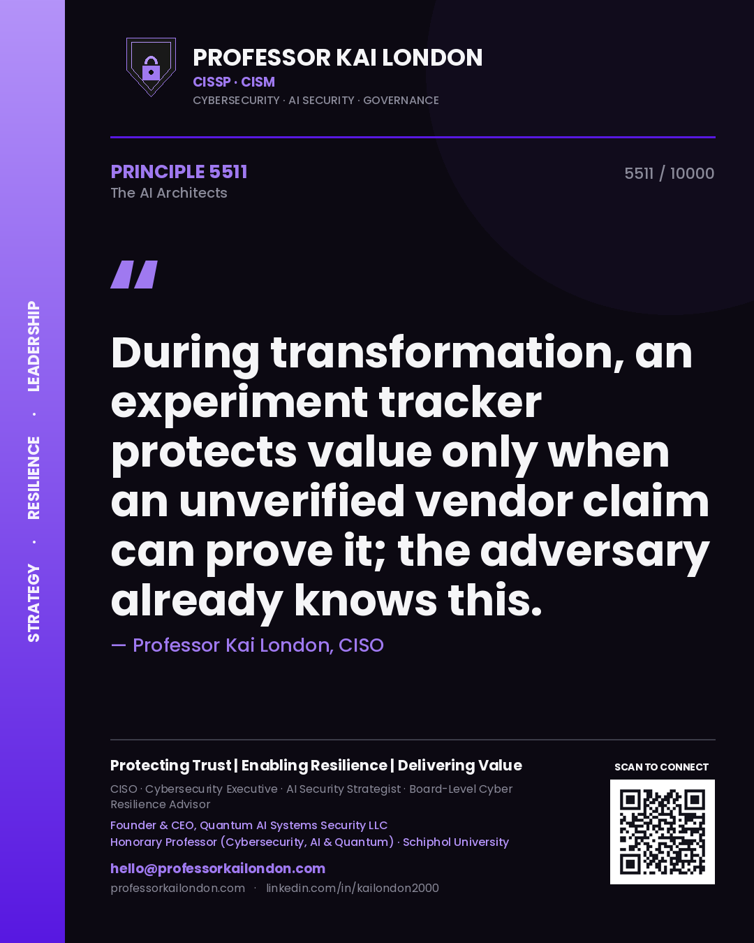 Quote card by Professor Kai London reading 'During transformation, an experiment tracker protects value only when an unverified vendor claim can prove it; the adversary already knows this.'. From the book The AI Architects.
