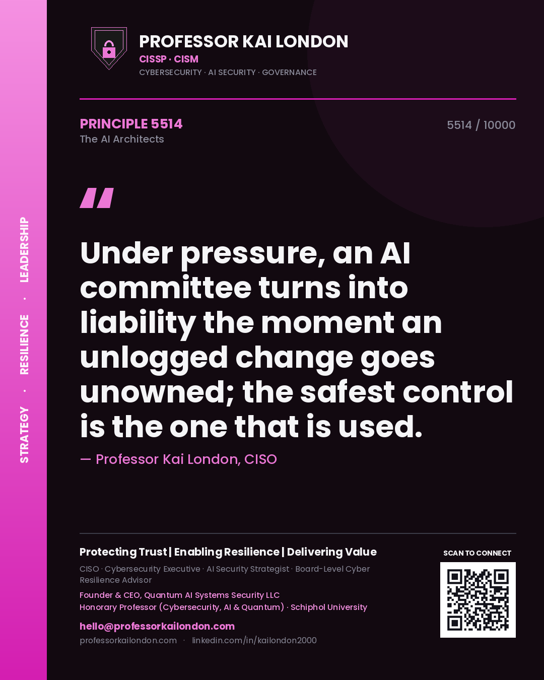 Quote card by Professor Kai London reading 'Under pressure, an AI committee turns into liability the moment an unlogged change goes unowned; the safest control is the one that is used.'. From the book The AI Architects.