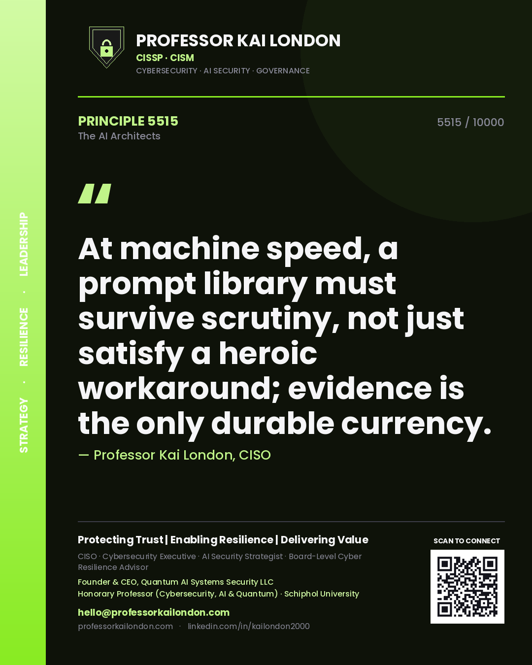 Quote card by Professor Kai London reading 'At machine speed, a prompt library must survive scrutiny, not just satisfy a heroic workaround; evidence is the only durable currency.'. From the book The AI Architects.